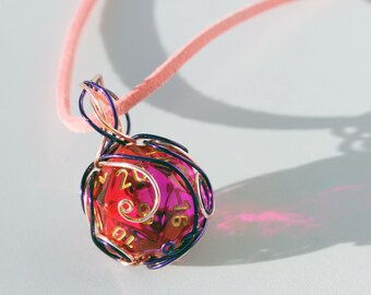 Wire-Wrapped Shimmering Purple  D20 Dice Necklace