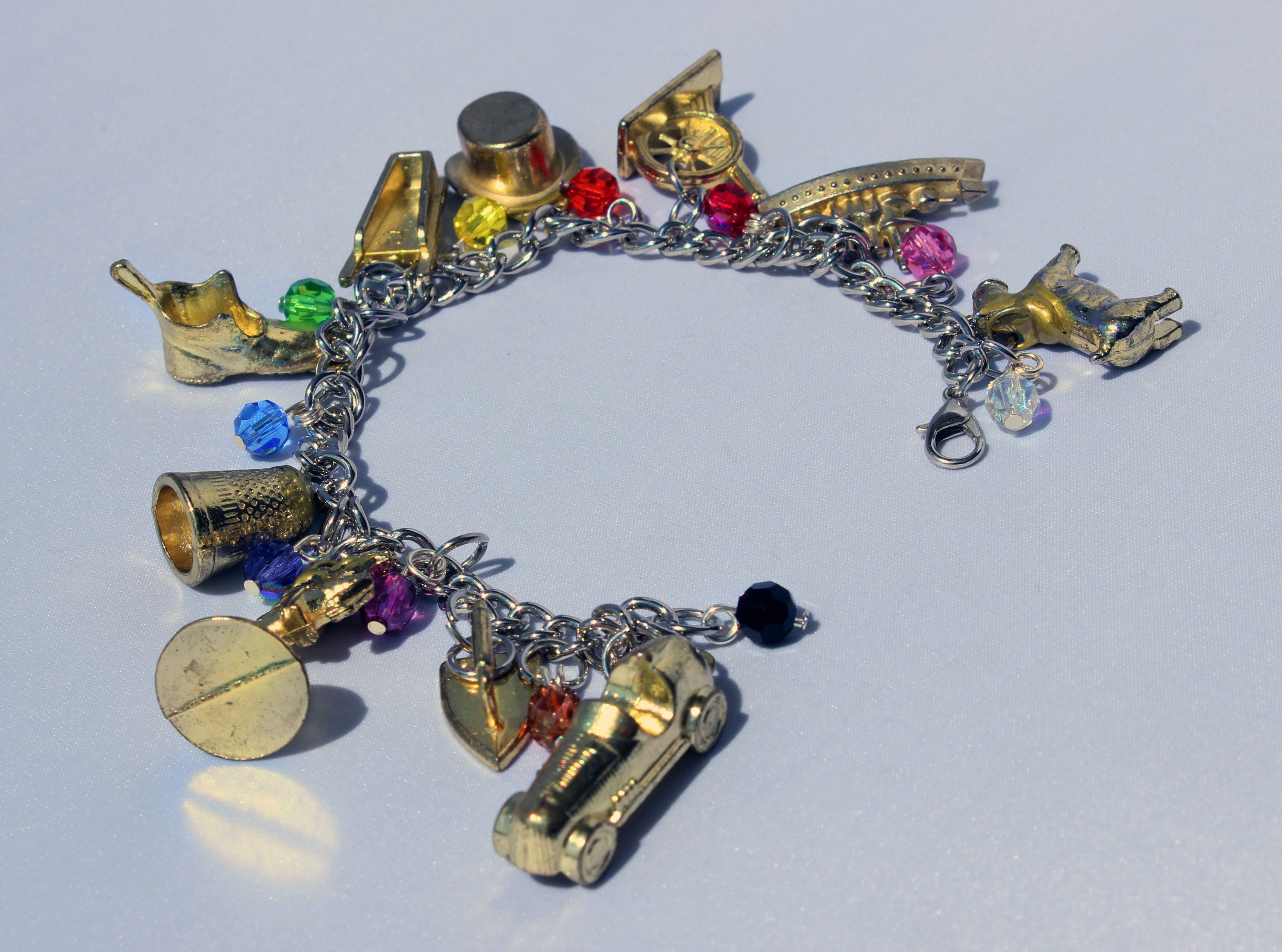 Gold Monopoly Token Charm Bracelet with Rainbow Beads Etsy