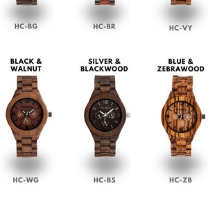 May include: A collection of wooden watches with various wood and dial color combinations. Styles include Gold & Blackwood, Redwood & Blackwood, Yellow & Verawood, Black & Walnut, Silver & Blackwood, and Blue & Zebrawood. Each watch features the brand name and model number.