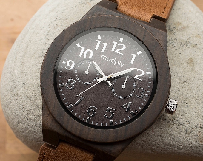 Wood Leather Watch, Personalized Gift For Men, Engraved Boyfriend Gift, Classic Wooden Watch, Handmade With Leather Band, Monogram Gift