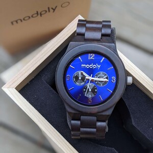 Men wooden watches set with blue face - made from sustainable wood with 12 month Warranty - groomsmen gifts 1-12 watches available by Modply
