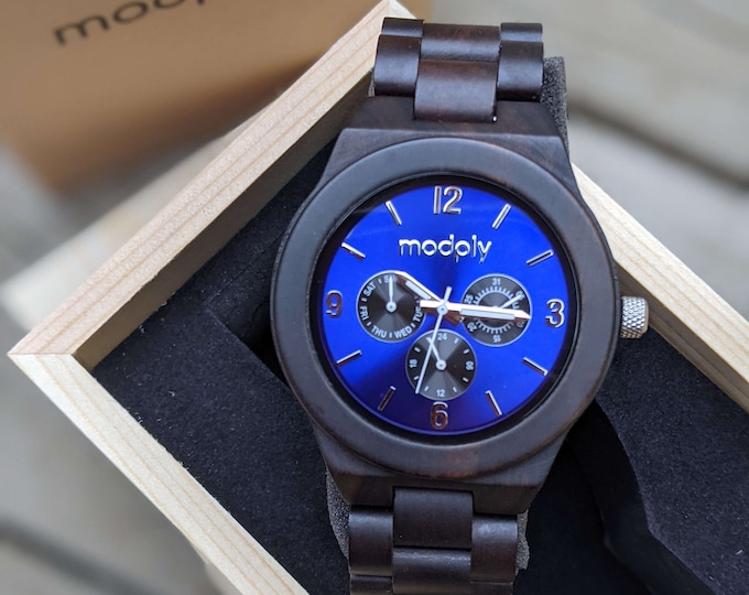 Men wooden watches set with blue face - made from sustainable wood with 12 month Warranty - groomsmen gifts 1-12 watches available by Modply