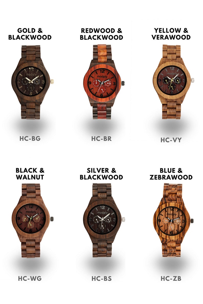 May include: A collection of wooden watches with various wood and dial color combinations. Styles include Gold & Blackwood, Redwood & Blackwood, Yellow & Verawood, Black & Walnut, Silver & Blackwood, and Blue & Zebrawood. Each watch features the brand name and model number.
