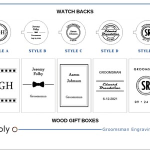 May include: Five different styles of watch backs for engraving.  The styles include a monogram, a bowtie, a name and date, a name and date with a line, and initials with a date.  The text "Groomsman" appears on each style.
