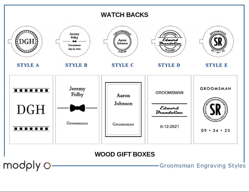 May include: Five different styles of watch backs for engraving.  The styles include a monogram, a bowtie, a name and date, a name and date with a line, and initials with a date.  The text "Groomsman" appears on each style.