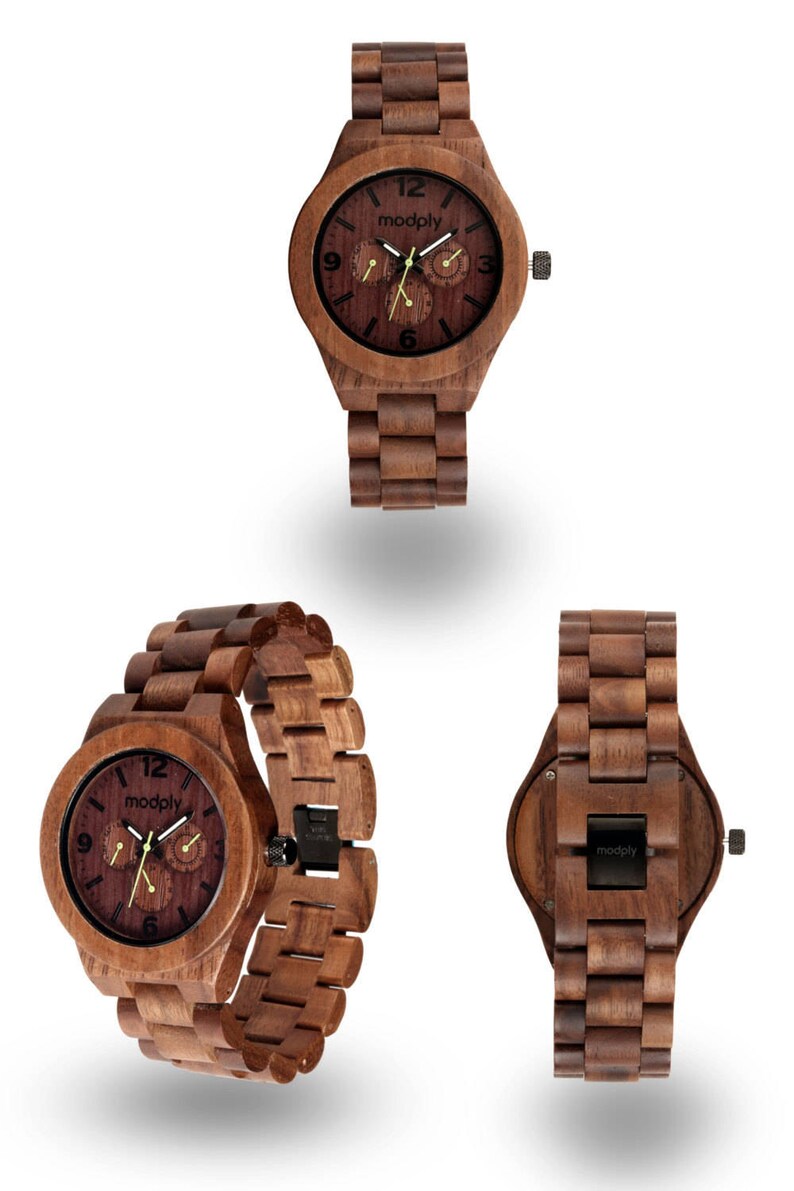May include: Wooden wristwatch with a dark brown face and matching wooden band. The watch face features the brand name "modply" and three smaller dials. The watch is displayed from multiple angles, showcasing its wooden construction and design.
