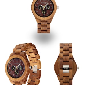 May include: Wooden watch with a brown face and matching wooden band. The watch face has three sub-dials and gold-colored hands. The brand name "modply" is visible on the watch back.
