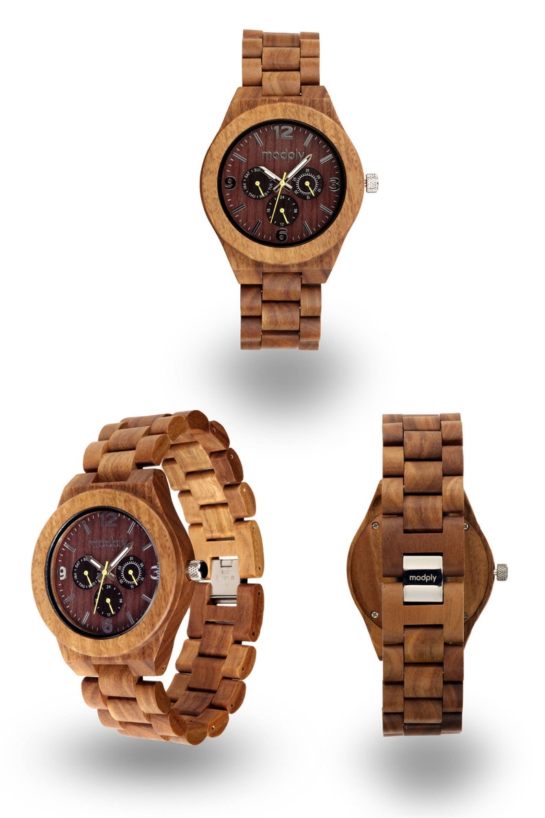 May include: Wooden watch with a brown face and matching wooden band. The watch face has three sub-dials and gold-colored hands. The brand name "modply" is visible on the watch back.