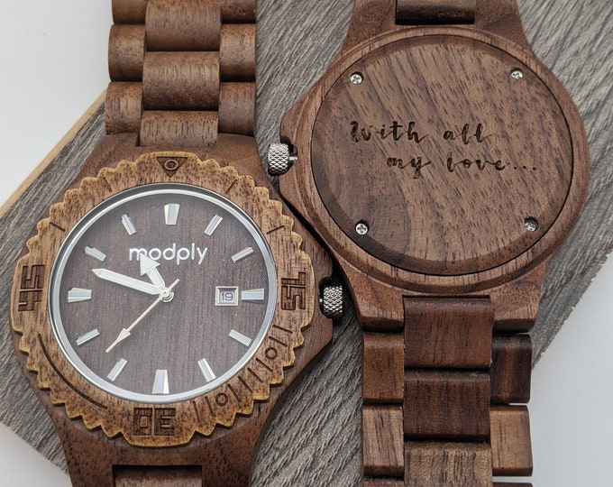 Custom etched analog watch for men with monogram back. Engraved wooden watch for men ideal as a boss day gift