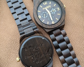 Men laser engraved wood watch with 3 sub dials - gift for boyfriend