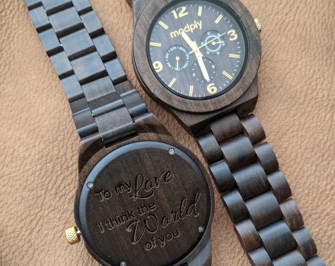 Men laser engraved wood watch with 3 sub dials - gift for dad