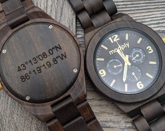 Coordinates Еngraved Wood Watch With Box, Wood Watch For Men, Wooden Watch Engraved, Christmas Personalized Gift, Wooden Mens Watch, Modply