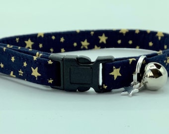 Handmade Navy & Gold Star Fabric Cat Collar, Safety Release Buckle, Bell, Charm