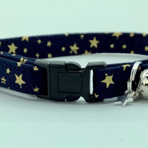 Handmade Navy & Gold Star Fabric Cat Collar, Safety Release Buckle, Bell, Charm