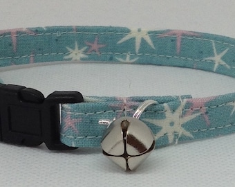 Handmade Liberty 'Starfrost' Fabric Cat Collar, safety release buckle, bell, charm