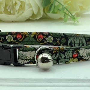 Handmade Liberty Strawberry Thief Cat Collar, Safety Buckle and Bell