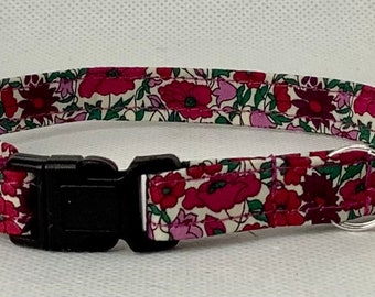 Handmade Liberty Petal & Bud Fabric Cat Collar, Safety Release Buckle, Bell, Charm