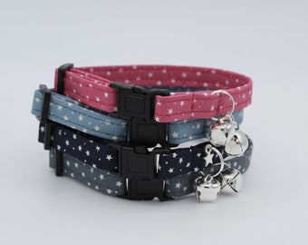 Handmade Star Fabric Cat Collar, Safety Buckle, Bell, Charm