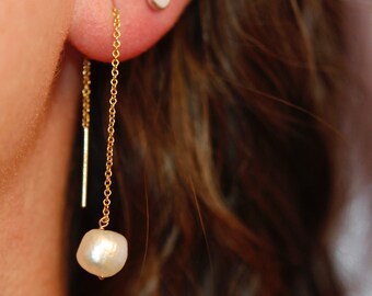 Freshwater Pearl Drop and Threader Earrings Available in Silver and Gold