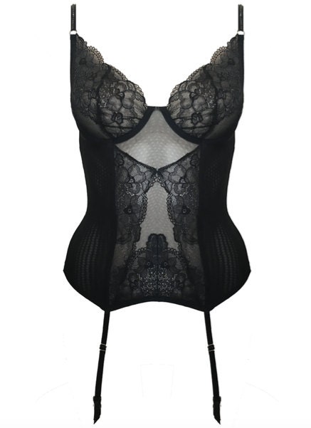 Figleaves Juliette Wired Padded Lace Suspender Basque Corset Top Lingerie  Black