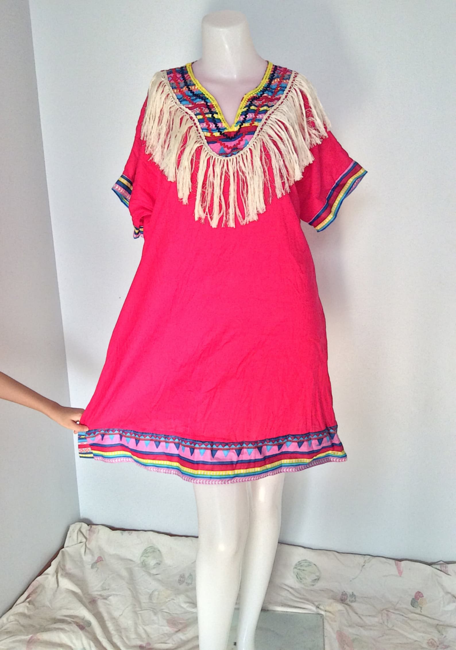 Boho..Bohemian Bright Pink short cotton Dress decorated with Etsy