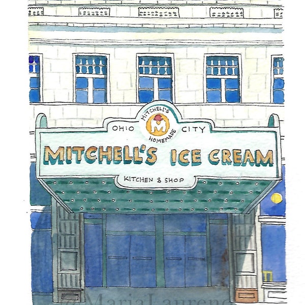 Marvelous Mitchells Watercolor Print | Ohio City Art Prints| Best Cleveland Ice Cream| Ice Cream Shop| Unique Gift for Cleveland Friends