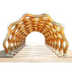 May include: A watercolor illustration of a wooden archway with a woven pattern. The archway is made up of multiple curved pieces of wood that are joined together to create a lattice-like structure. The archway is open on both ends, creating a passageway.