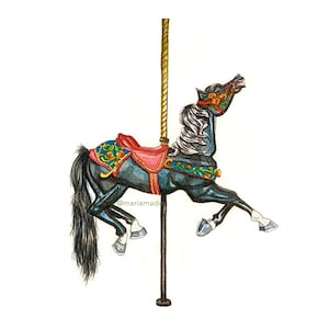Black Carousel Horse Watercolor Print | Childrens Wall Art| Merry Go Round Horse| Horse Art Print | Perfect Gift for Baby Shower or Birthday