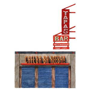 May include: A watercolor painting of a red and white sign that reads "Tapas Bar" with the words "Weekend Brunch" and "Friday Lunch" on the sign. Below the sign is a building with a blue garage door and a sign that reads "Cafe Ba-Ba Reeba!"