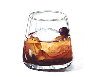 Old Fashioned Cocktail Watercolor Print | Bar Cart Art
