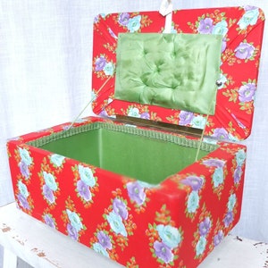 Caja de costura caja de costura caja de costura caja de joyería patrón floral rojo verde lavable vintage retro mediados de siglo