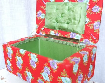 Sewing box sewing box sewing box jewelery box flower pattern red green washable vintage retro mid century