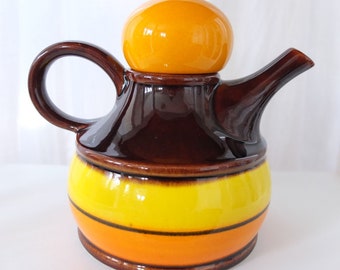 Élégant pot de café en céramique pot vitré cellule brune jaune à Harmersbach vintage rétro 60'er années cafetière