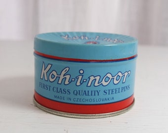 Needle box tin box Koh-I-Noor turquoise accessory box pins 50's Mid Century