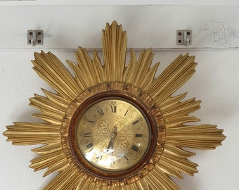 Clock Gold Leaf Sun Design Italy Sunburst Gilded Carved Wood