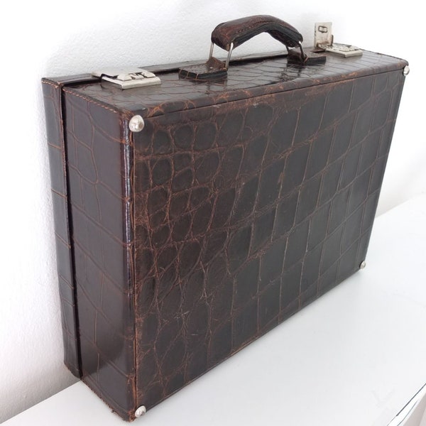 Valise en cuir Crocodile crocosseder pique-nique valise de pique-nique valise de voyage bagages pique-nique vintage rétro mid century brun