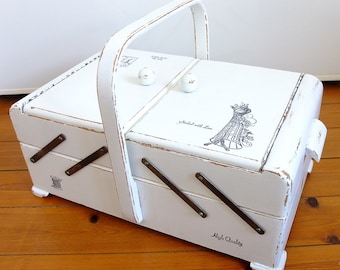sewing box, shabby sewing box sewing supplies wooden sewing box wooden box white vintage retro