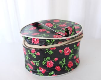 Cosmetic bag make-up bag toiletry bag rockabilly rose pattern bathing bag toilet bag pink black vintage mid century