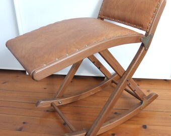 Footstool rocking stool leather optics wood Mayer germany brown Mid Century 50's