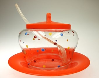 Jam jar jar pot colorful glass vintage spoon plate retro glass child birthday dots 60s jam pot