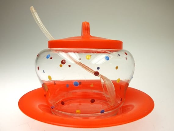 Marmeladenglas Marmeladenbehälter buntes Glas Vintage Löffel Teller Retroglas Kindergeburtstag Pünktchen jam pot 60'er Jahre