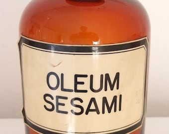 Butelka apteczna Szklanka apteczna Brązowe szkło Aptekarz Oleum Sesami Vintage retro butelka apteczna