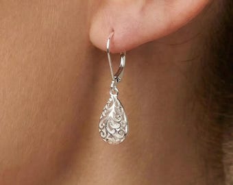 Sterling Silver Filigree Drop Earrings: 925 Leverback Tear Drop