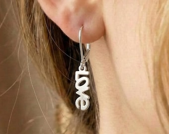 Pendientes colgantes de amor en plata de ley 925, joyería minimalista de gota vertical, regalo romántico de aniversario para ella.