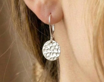 Hammered Sterling Silver Disc Earrings: 925 Leverback, 12mm