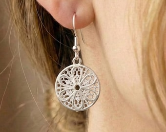 Sterling Silver Filigree Flower Dangle Earrings
