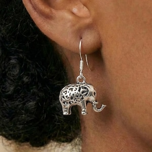 Sterling Silver 3D Elephant Dangle Earrings: Animal Jewelry