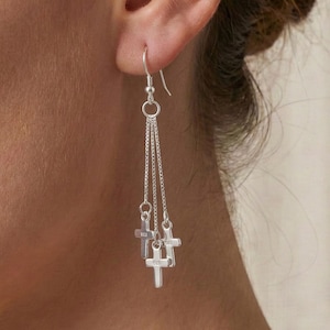 Pendientes colgantes de triple cruz en plata de ley 925, cadena de 925 con borla, joyería minimalista estilo gótico grunge Y2K, regalo para ella.