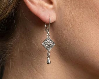 Sterling Silver Floral Drop Earrings: Vintage 925 Leverback Earrings