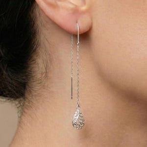 Sterling Silver Filigree Water Drop Threader Earrings